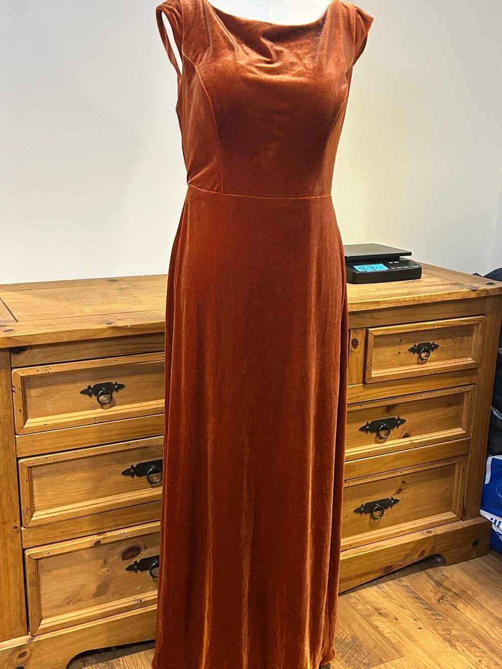B2 Jasmine 16 Orange Rust Jewel Tone Velor Maxi Dress Draped Cowl Neck Cap Sleev
